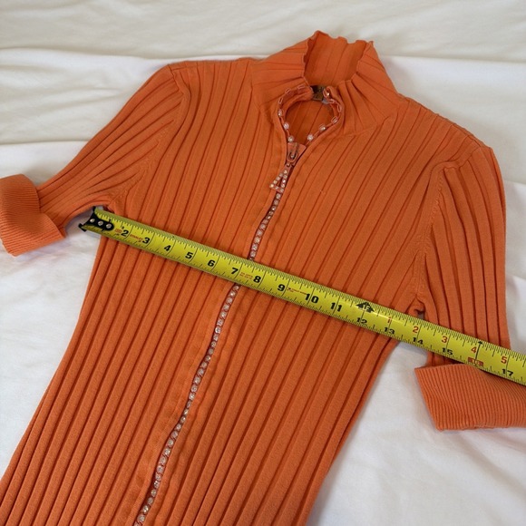 Belldini Sexy Orange Rhinestone Crystal Zipper Mock Neck Collar Shirt Large Y2K - Picture 7 of 8